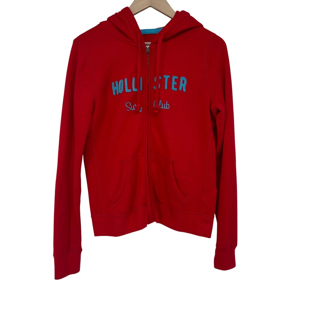 Hollister Womens Red Surf Club Full Zip Up Hoodie Turquoise Logo Spell Out L Y2K